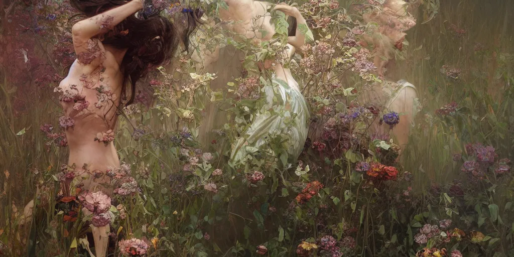 Prompt: an insanely detailed oil painting of a woman, intricate detailed big leaves, flowers, spiderweb, mycelia, by ruan jia, fantasy, hyper detailed, colorfull, intense colors, concept art, by greg rutkowski, by alphonse mucha, by moebius