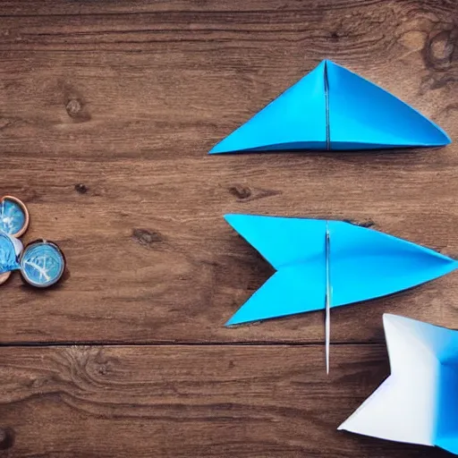 Prompt: one blue paper boat leading a group of white paper boats, on a wooden table with a compass etching