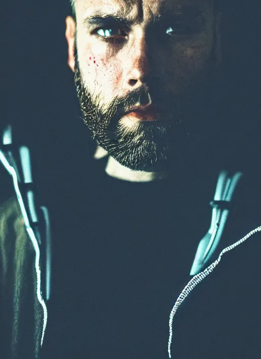 Prompt: 6 5 mm film still masterpiece portrait photo of a bearded man, sci - fi, techwear, biotech, cyberpunk, blade runner, cyborg, grainy, withered, worn, glowing lights, 4 k, sharp focus, intricate by artgerm