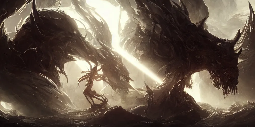 Image similar to the holy light pierces through the evil beasts, concept art, digital illustration, trending on artstation, deviantart, artgerm, epic composition, masterpiece, highly detailed, advanced technique, ambient lighting, wlop, ross draws