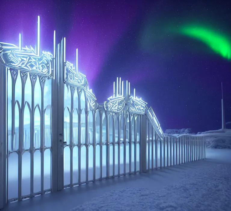 Image similar to a very detailed concept art of intricate and modern white gates to aurora borealis infused with magic, dynamic lighting trending on artstation, symmetry, digital art, 4 k, hyper realistic, octane render, sharp focus