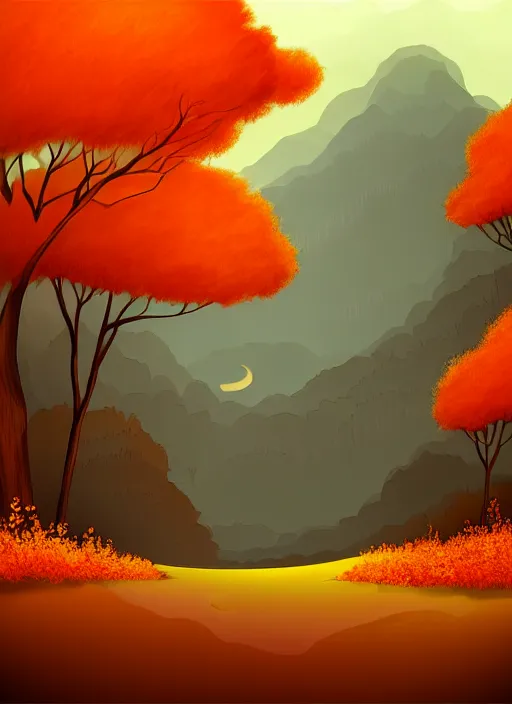 Image similar to beautiful drawing of a landscape in autumn, happy and cartoonish background, by tokenin, by glitchedpuppet, gradient orange, black, cream, brown and white color scheme, trending in artstation, award winning illustration