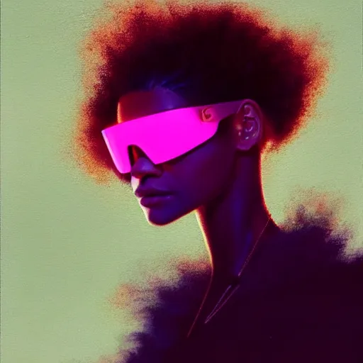 Image similar to zendaya wearing opaque reflective goggles profile picture by Greg Rutkowski, brown skin, very long afro hair, asymmetrical, futuristic, neon volumetric lights, cool colors, streetwear, studio ghibli, Organic Painting , Matte Painting, geometric shapes, hard edges, street art, trending on the artstation, fantasy LUT, realistic by Sachin Teng + Martin Grip + Moebius, techwear, Industrial Scifi, detailed illustration, character portrait,