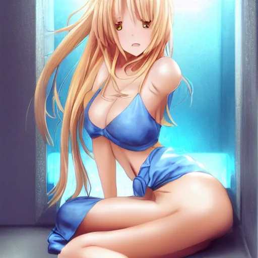 Image similar to a very beautiful young anime girl sitting in a dark prison cell, full body, long wavy blond hair, sky blue eyes, full round face,, shiny golden bikini, miniskirt, front shot, sitting in a dark prison cell, highly detailed, cinematic wallpaper by stanley artgerm lau