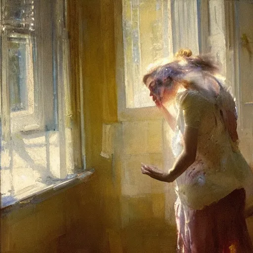 Image similar to portrait of a screaming person, in soft window light, golden hour, by jeremy mann, anders zorn.