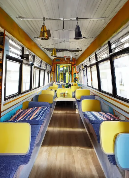 Image similar to interior design of a schoolie, mid - century modern converted school bus interior design by philippe starck and victoria hagan, detailed digital photography masterpiece, gorgeous, 4 k