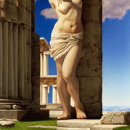 Image similar to young ancient greek godess in helmet, ancient greek temple, by David Ligare, wide angle scifi landscape, hyperrealistic surrealism, award winning masterpiece with incredible details, epic stunning, infinity pool, a surreal vaporwave liminal space, highly detailed, trending on ArtStation, artgerm and greg rutkowski and alphonse mucha, daily deviation, IAMAG, broken giant marble head statue ruins, golden hour