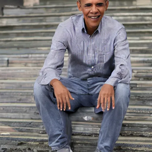 Image similar to barack obama with a fade haircut, wearing ripped jeans