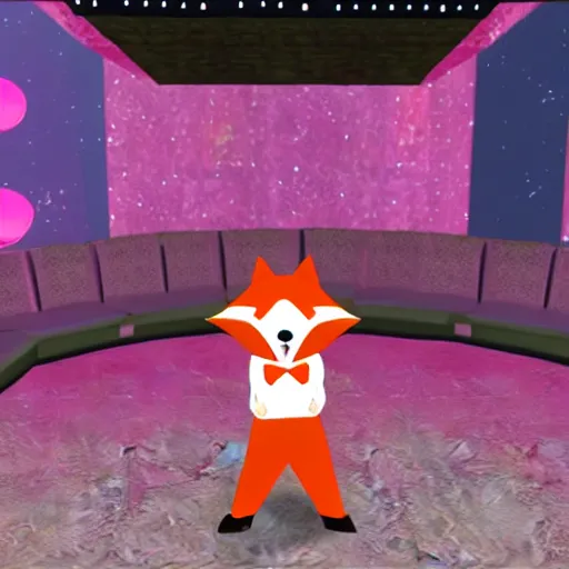 Image similar to Second Life screenshot of a fox in a sparkly pink tuxedo in a GYC night club