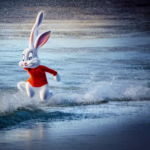 Prompt: Photo of Bugs Bunny running through the ocean, photography, HDR