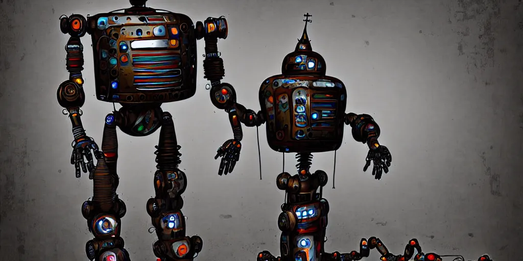Image similar to a monk robot made from scrap parts from a futuristic junkyard, digital art