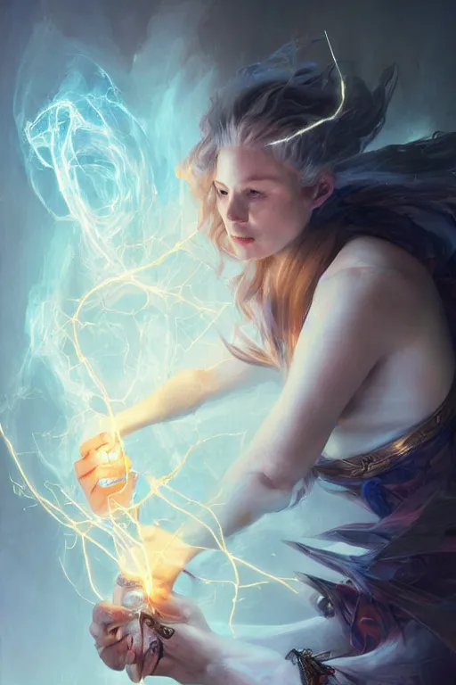 Prompt: portrait of a beautiful model casting magic spell holding electricity, angel, fantasy, dramatic lighting, highly detailed, digital painting, holding electricity, magic the gathering, hyper detailed, 3 d render, hyper realistic detailed portrait, peter mohrbacher, wlop, ruan jia