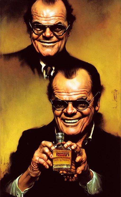 Image similar to illustration of jack nicholson inside a bottle of whiskey, by norman rockwell, roberto ferri, daniel gerhartz, edd cartier, jack kirby, howard brown, ruan jia, tom lovell, jacob collins, dean cornwell