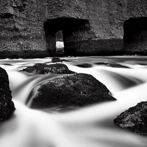 Prompt: minimalist black and white photograph of an icelandic gorge, time exposure, of a river, sharp tall pillars, sharp rocks,
