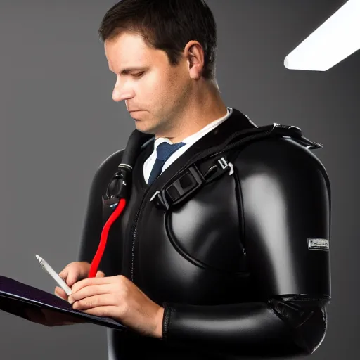 Prompt: portrait of lawyer wearing scuba gear and holding out document to sign. photorealistic. dramatic lighting. 4 k. high quality digital art.