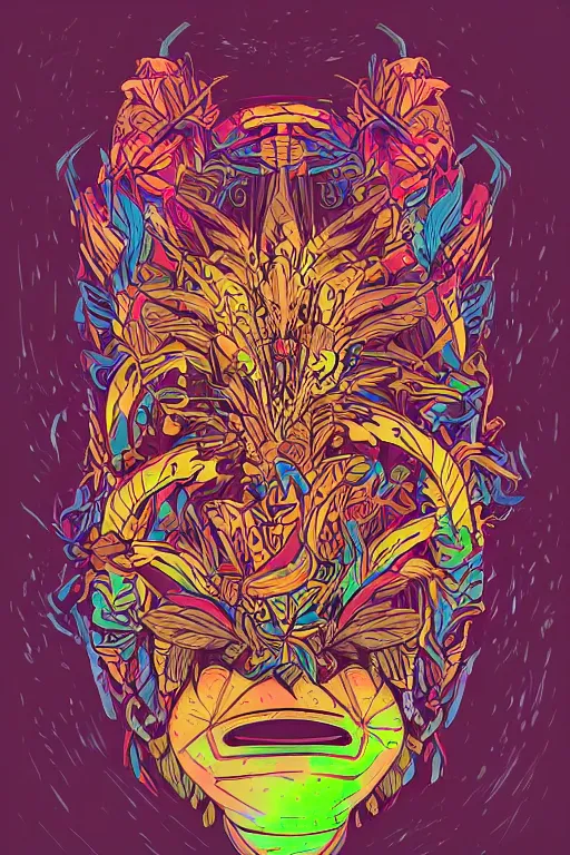 Image similar to animal mask totem roots flower tribal feather gemstone plant wood rock shaman vodoo video game vector cutout illustration vivid multicolor borderlands comics by josan gonzales and dan mumford radiating a glowing aura