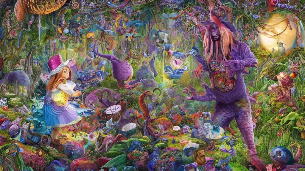 Prompt: alice in wonderland dmt tripping, by alex grey and android jones, very coherent, hyper realism, high detail, vivid colors, octane render, unreal engine, 8 k, smooth gradients, high contrast, depth of field by jacek yerka