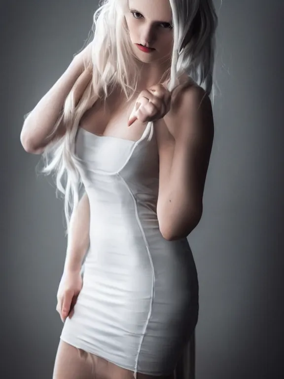 Image similar to studio photo of gorgeous seductive emily skinner cosplaying annie leonhart wearing tight white dress, beautiful face, pale skin, rule of thirds, cinematic lighting, sharp focus, backlit, stunning, smooth, hard focus, full body shot