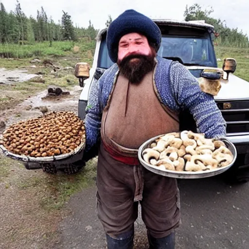 Prompt: dwarf trucker carries mushrooms on a Kamaz truck