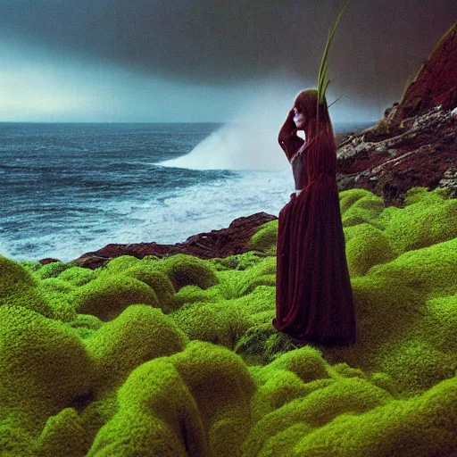 Prompt: 1 9 7 0's artistic spaghetti western movie in color, a woman in a giant billowy wide flowing waving dress made out of sea foam, standing inside a green mossy irish rocky scenic landscape, crashing waves and sea foam, volumetric lighting, backlit, moody, atmospheric