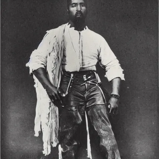 Image similar to a photo of kanye west as a cowboy taken in 1 8 6 0's, real life, detailed face, grainy