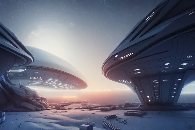 Image similar to futuristic space station in the snowy mountains 3 d concept art, cinematic lighting, intricate details, building by zaha hadid, pastel orange sunset, emissary space by arthur haas and bruce pennington and john schoenherr, cinematic matte painting, dark moody monochrome colors, trending on artstation, featured on behance