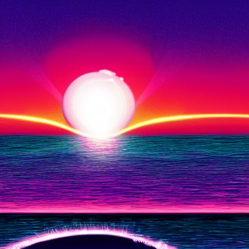 Prompt: Photo of a shimmery glowing orb emerging from the ocean over a synthwave sunset, ultrarealistic