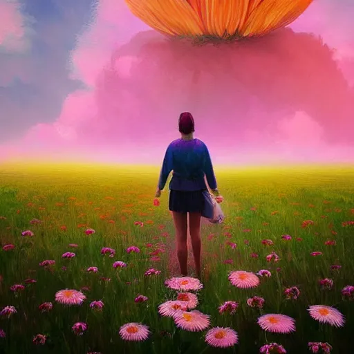 Image similar to giant daisy flower as a head, girl walking in flower field, surreal photography, sunrise, dramatic light, impressionist painting, colorful clouds, digital painting, artstation, simon stalenhag