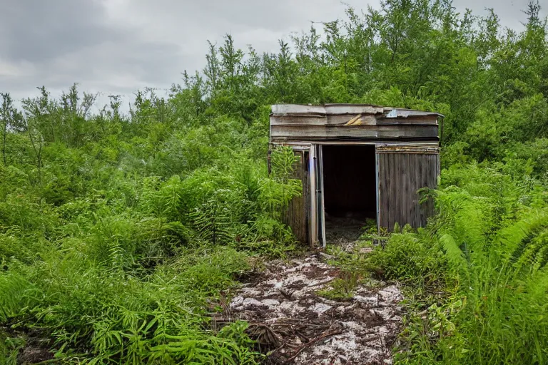 Prompt: An abandoned shed in a post-apocalyptic wasteland, overgrown, spring, flowering plants sprouting up, ferns near the base, marshland, 53 F June 12th 2432