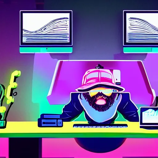 Prompt: a man sitting on his computer with a backwards hat staring at several computer monitors showing crypto trades, illustration, colourful, chill, anime asthetic, neon glow, gamer, synthwave
