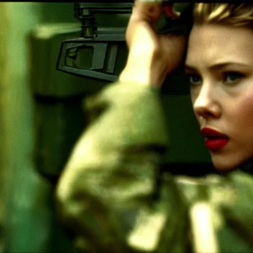 Image similar to scarlett johanson as a soldier in vietnam, film still, kodak, blue tint