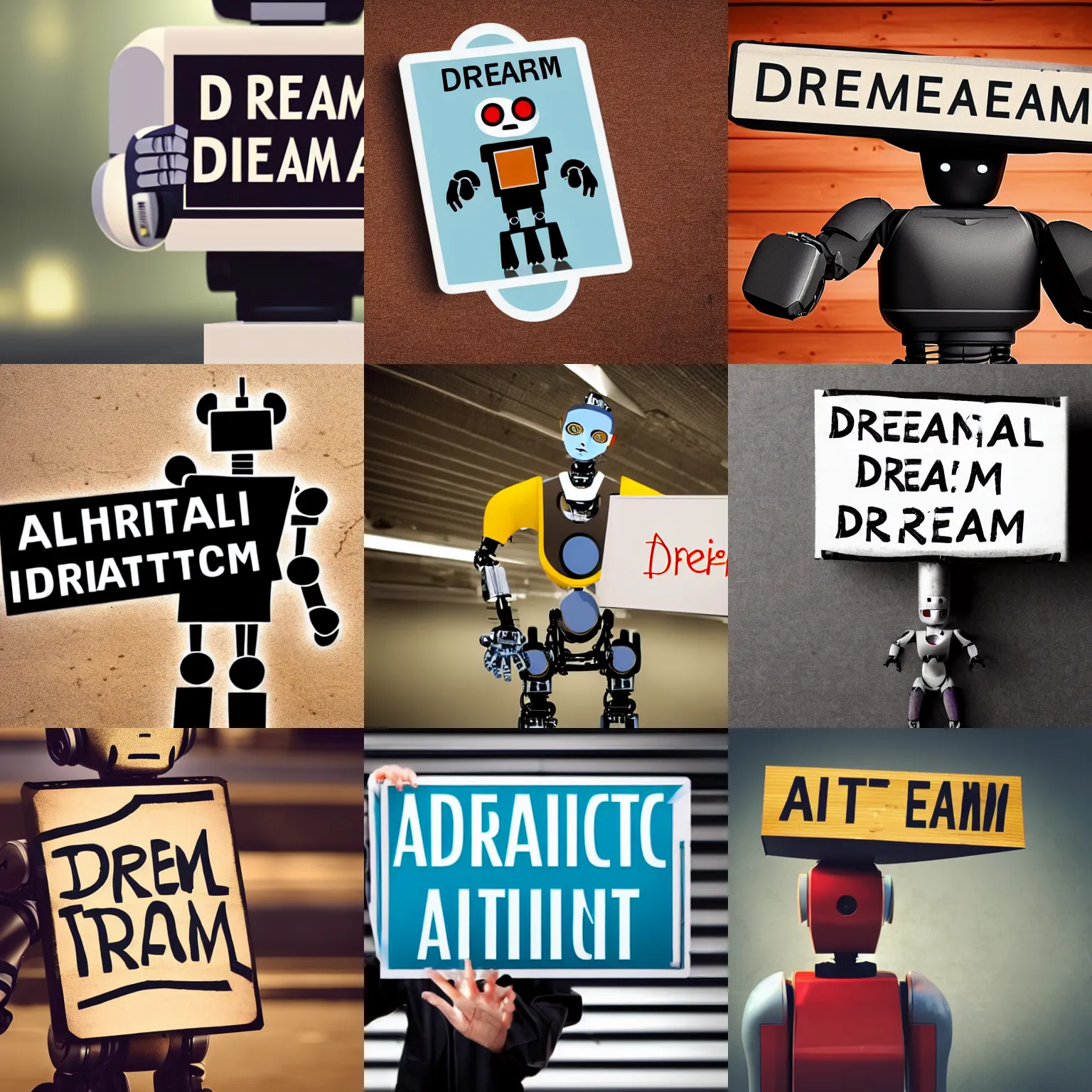 Image similar to artificial intelligence robot holding a sign with text that reads : dream