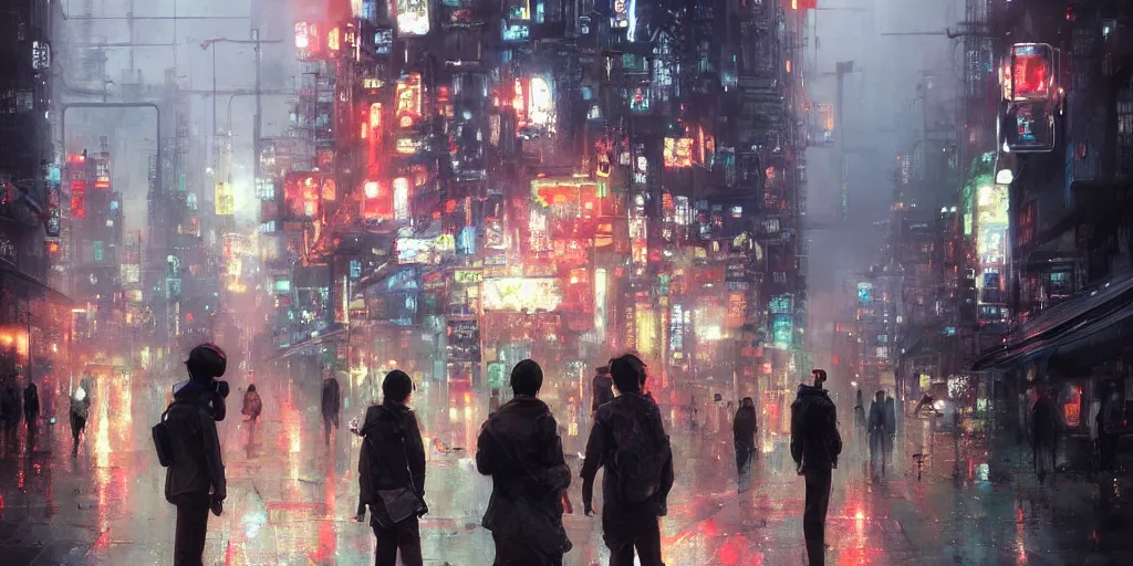 Prompt: orwellian metropolitan city with citizens staring at their phones walking on the street by yoshitaka amano, by ruan jia, by conrad roset, by kilian eng, by good smile company, high detail, digital painting, industrial art, cinematic lighting, artstation, cgsociety, 3 5 mm film grain