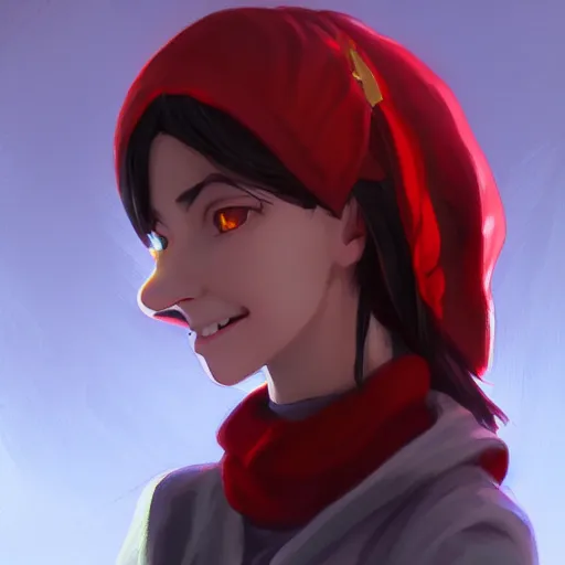 Prompt: Goblin Female portrait, Red Scarf, hatched ear, golden earring, white background, by makoto shinkai, Riot Games, highly detailed, digital illustration, concept art, trending on artstation