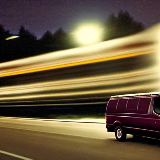 Prompt: A photograph of a 1999 Maroon Chevrolet Express driving on highway 411 in Perth, Ontario at night at 22:20, photograph taken in 2009 on a nokia flip phone