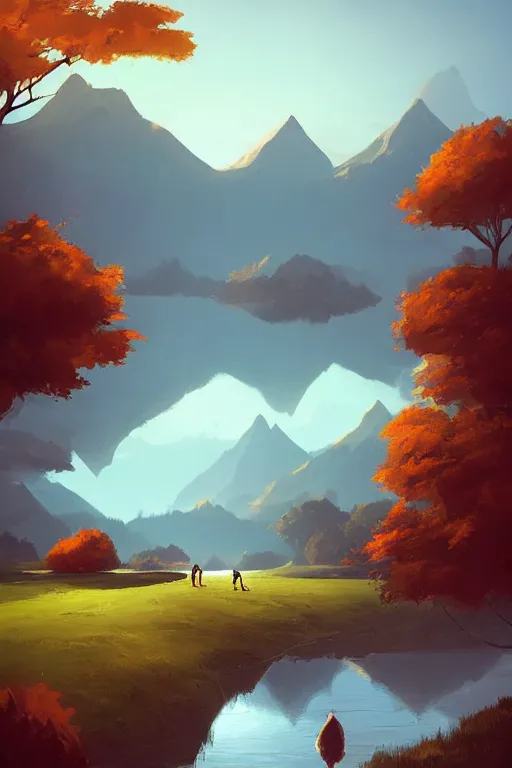 Image similar to beautiful matte painting by goro fujita concept art fantasy path mountains and meadow in the background near a lake reflecting the trees, atmospheric lighting, painted, intricate, volumetric lighting, beautiful, rich deep colors masterpiece, sharp focus, ultra detailed by