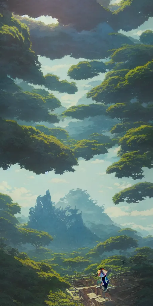 Image similar to highly detailed vfx panoramic landscape of studio ghibli, stephen bliss, unreal engine, greg rutkowski, loish, rhads, beeple, makoto shinkai and lois van baarle, ilya kuvshinov, rossdraws, tom bagshaw, alphonse mucha, global illumination, detailed and intricate environment