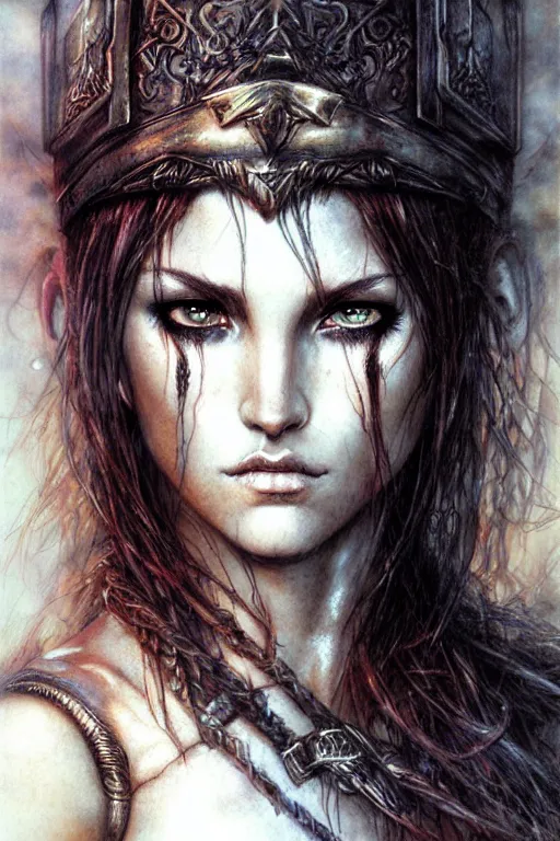 Prompt: head and shoulders portrait of a barbarian, female, high fantasy, dnd, by luis royo, wlop