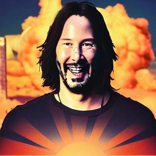 Image similar to keanu reeves with a big smile, nuclear explosion behind him, by beeple, masterpiece,