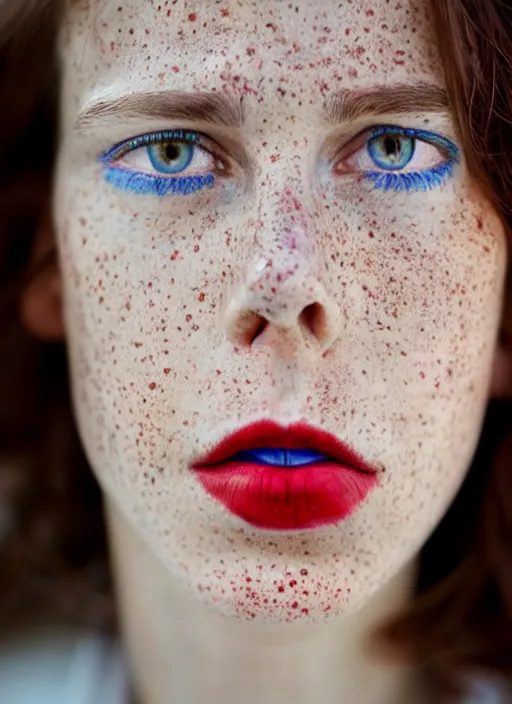 Image similar to close up photo of the left side of the face of a woman with blue eyes and wavy long red-brown hair, red detailed lips and freckles who looks directly at the camera. Slightly open mouth. Whole head visible and covers half of the frame, with a park visible in the background. 135mm nikon. Intricate. Very detailed 8k. Sharp. Cinematic post-processing. Unreal engine. Nanite. Ray tracing. Parallax. Tessellation