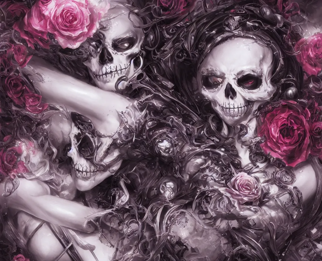 Image similar to a chaotic goddess of death skull black rose s day of the dead atmospheric, dramatic, concept art by a professional manga illustrator, Stanley Artgerm Lau, WLOP, Rossdraws, James Jean, Andrei Riabovitchev, Marc Simonetti, and Sakimichan hyperrealist, cinema4D, 8k highly detailed ❤️‍🔥 🔥 💀 🤖 🚀