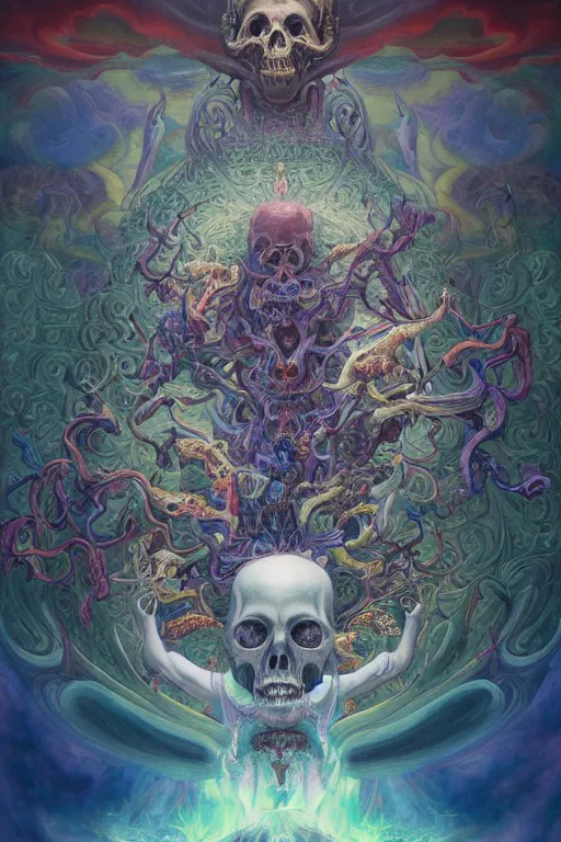 Prompt: gigantic psychedelic demonic cosmic skull lord of death and hell fire, fantasy painting, ultra realistic, wide angle, art nouveau, intricate details, rainbowshift, vivid colors, highly detailed by peter mohrbacher, h. r. giger, maxfield parrish, gustave dore, craig mullins, octane render, cgi