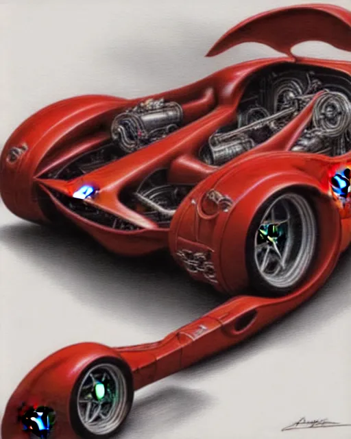 Image similar to Ferrari hotrod car with an exposed V12 engine, fantasy, intricate art nouveau mechanical designs, elegant, highly detailed, sharp focus, art by Artgerm and Greg Rutkowski and WLOP