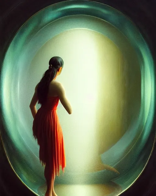 Prompt: a hyper - detailed 3 d render like a oil painting of seeing your true self in a magic mirror, surrealism!!!!! surreal concept art, lifelike, photorealistic, digital painting, aesthetic, smooth, sharp focus, artstation hd, by greg rutkowski, bruce pennington, valentina remenar and asher duran,