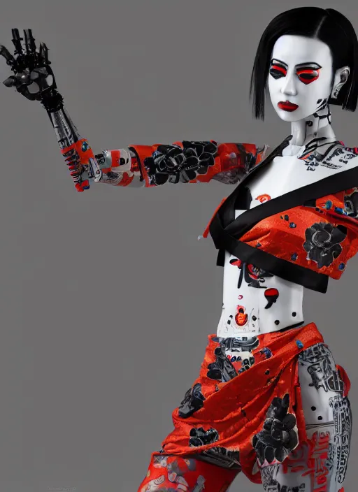 Image similar to full body photo of a punk geisha robot 2 1 savage with kanji tattoos and decals wearing a digital pixelated kimono, intricate design, photo - realistic, octane render, ultra fine detailed, character design, trending on artstation