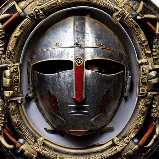 Image similar to “portrait of a spartan warrior helmet battle damaged gold with red crest on top dark night artwork detailed intricate worn out metal”