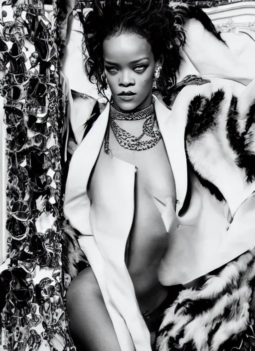 Image similar to rihanna styled by nick knight posing in an expensive mansion setting, vogue magazine, highly realistic. high resolution. highly detailed. dramatic. 8 k. 4 k.