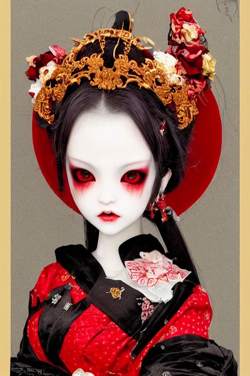 Prompt: japanese bjd geisha vampire in victorian red dress in the style of dark - fantasy lolita fashion painted by yoshitaka amano, takato yamamoto, james jean, symmetrical vogue face portrait, volumetrics, intricate detail, artstation, cgsociety, artgerm, gold skulls, rococo