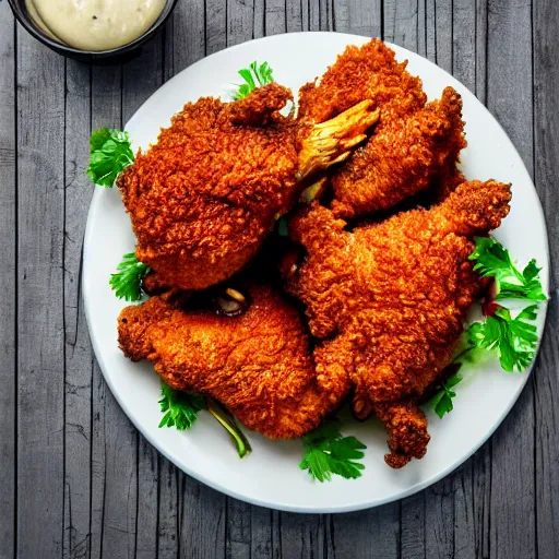 Prompt: mouthwatering fried chicken, food photography