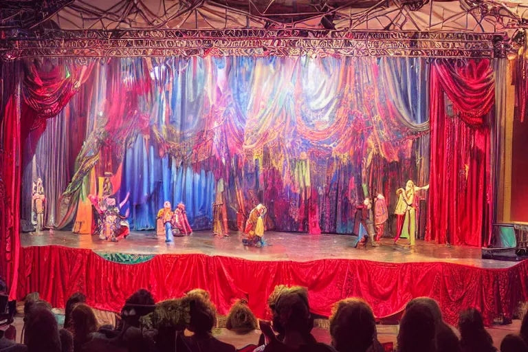 Image similar to photo of a huge theaterstage, stage is decorated as 7 0 ties kitchen and living room, theater curtains are red, 3 actors in hippy costumes with big wigs standing on stage singing, 8 k, multicolored, exaggerated detailed, long shot